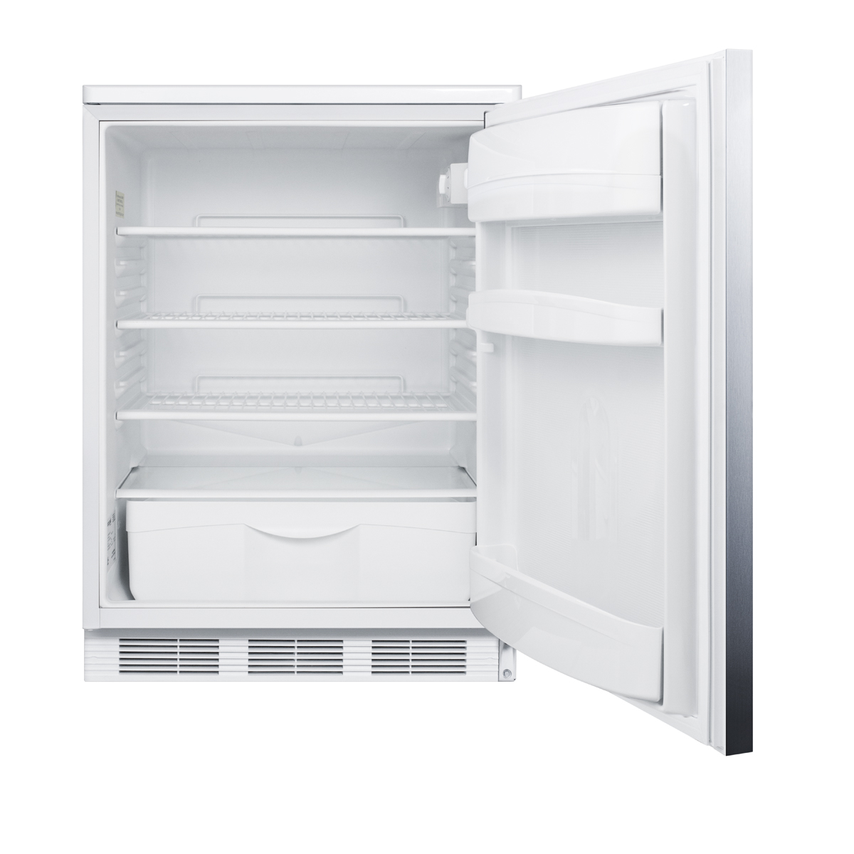Commercially listed freestanding all-refrigerator for general purpose use, auto defrost w/lock, SS wrapped door, horizontal handle, and white cabinet
